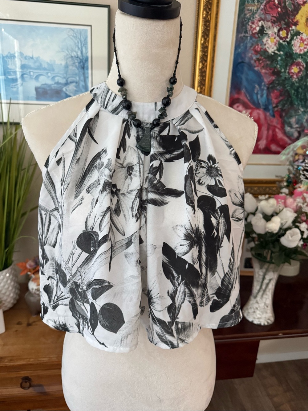 Papaya Black & White Floral Halter Camisole